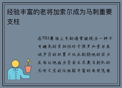 经验丰富的老将加索尔成为马刺重要支柱
